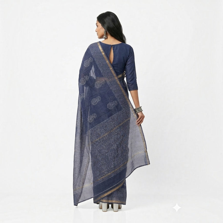 Blue Stripe Handblock Kota Cotton Saree