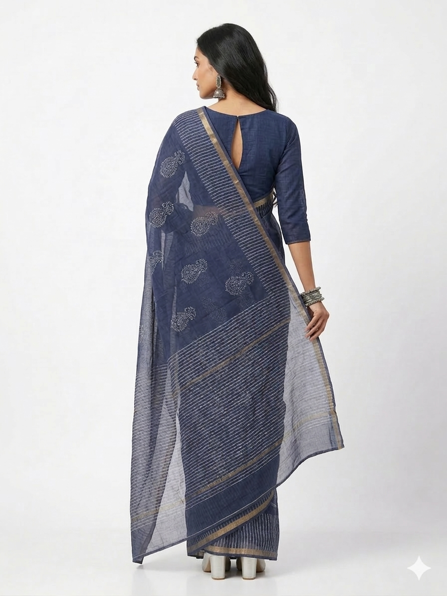 Blue Stripe Handblock Kota Cotton Saree