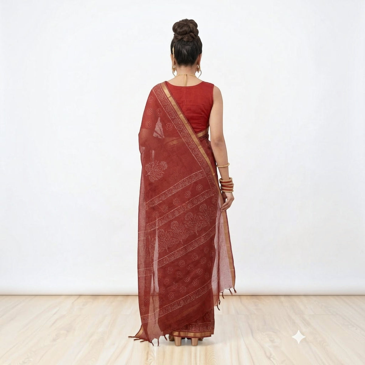Dark Maroon Handblock Kota Cotton Saree