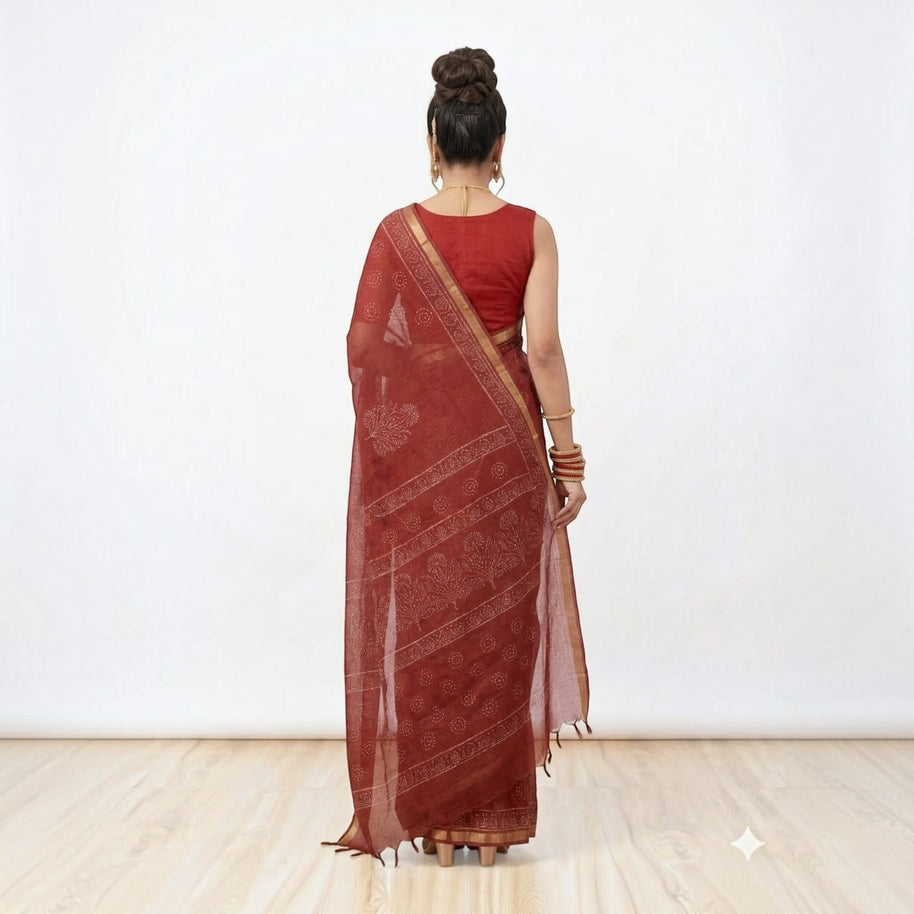 Dark Maroon Handblock Kota Cotton Saree