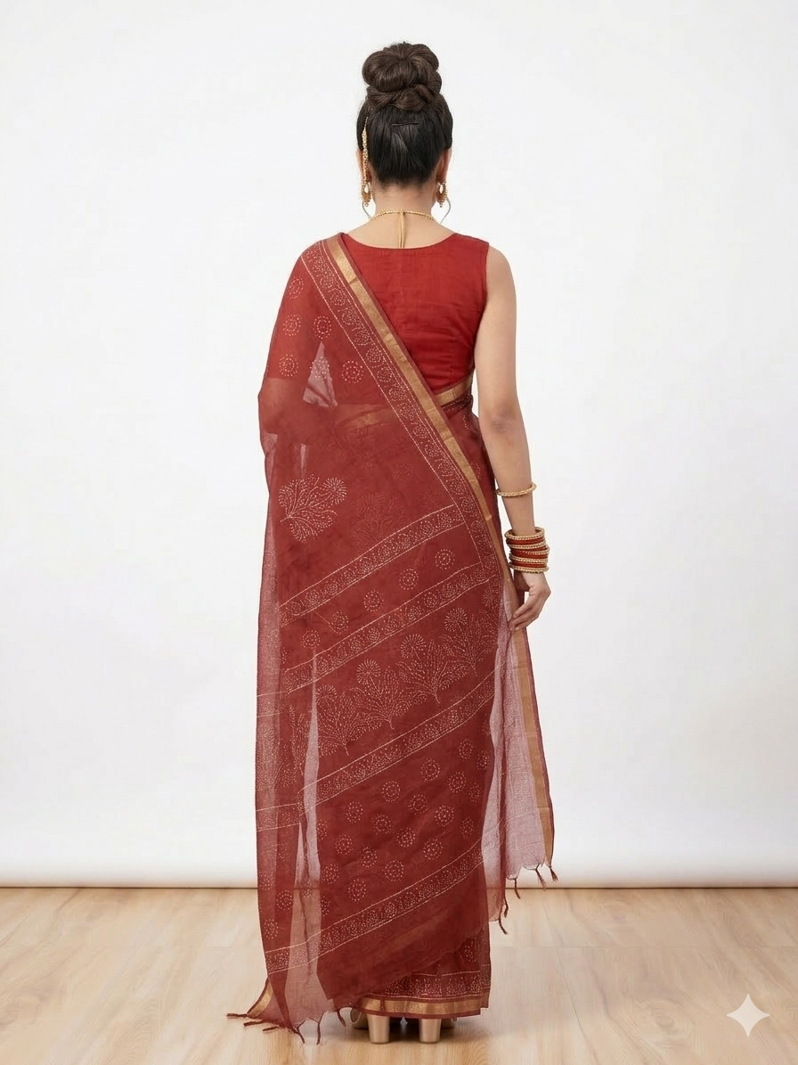 Dark Maroon Handblock Kota Cotton Saree
