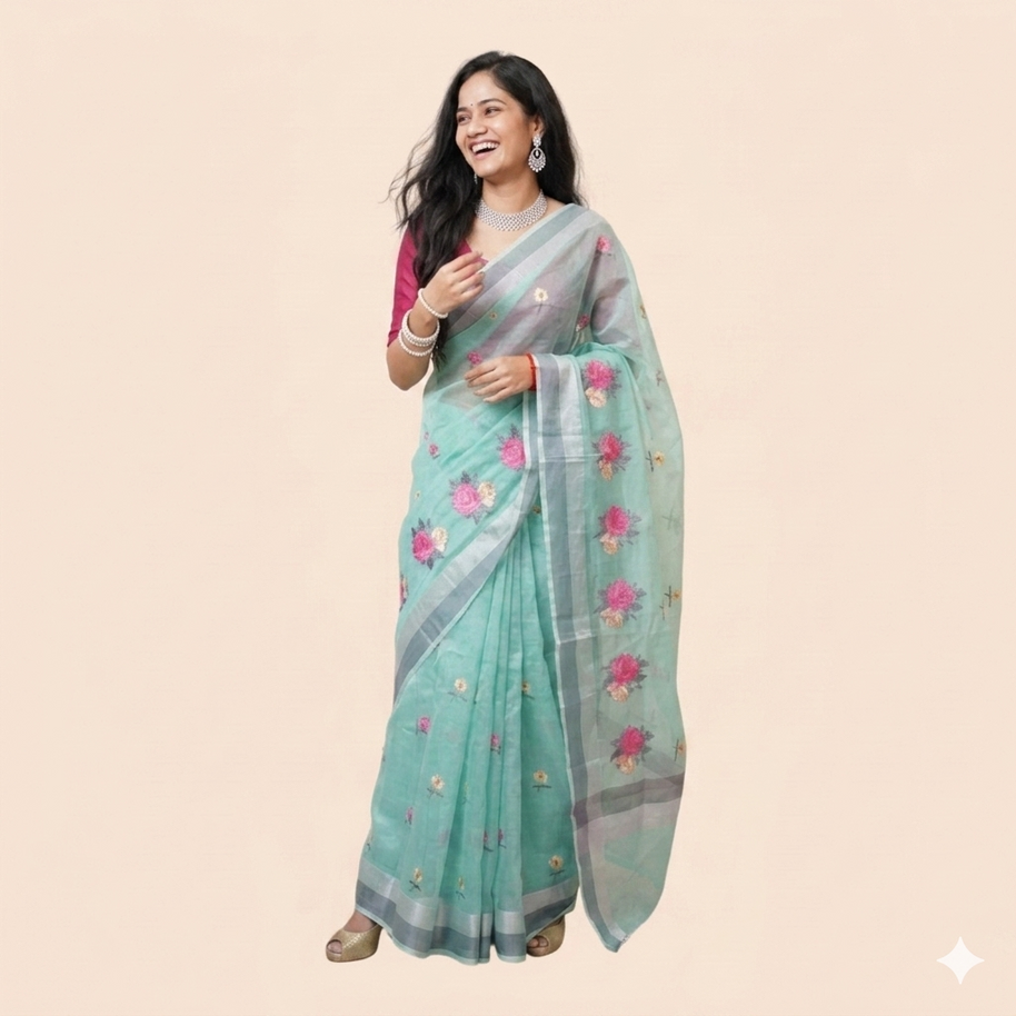 Green Embroidery Kota Cotton Saree