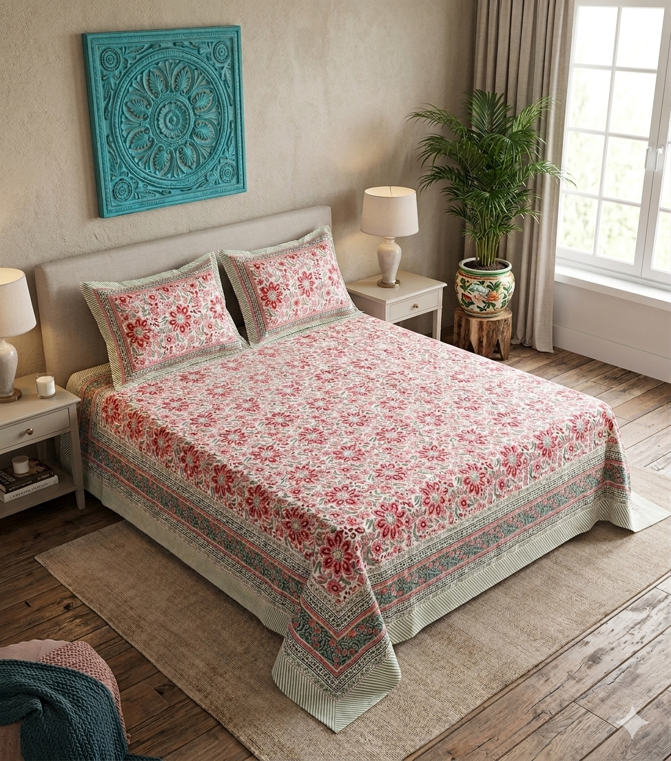 White Multi Handblock Print Double Bedsheet