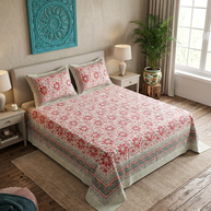 White Multi Handblock Print Double Bedsheet