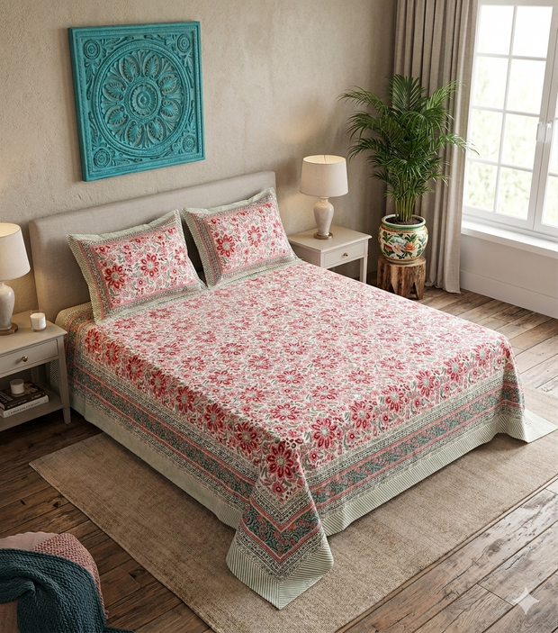 White Multi Handblock Print Double Bedsheet