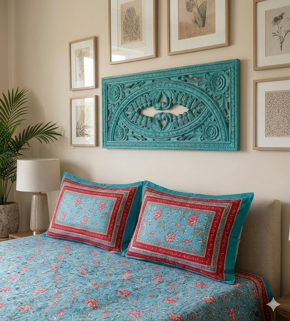 Sky Blue Red Handblock Print Double Bedsheet