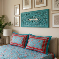 Sky Blue Red Handblock Print Double Bedsheet