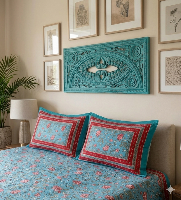 Sky Blue Red Handblock Print Double Bedsheet