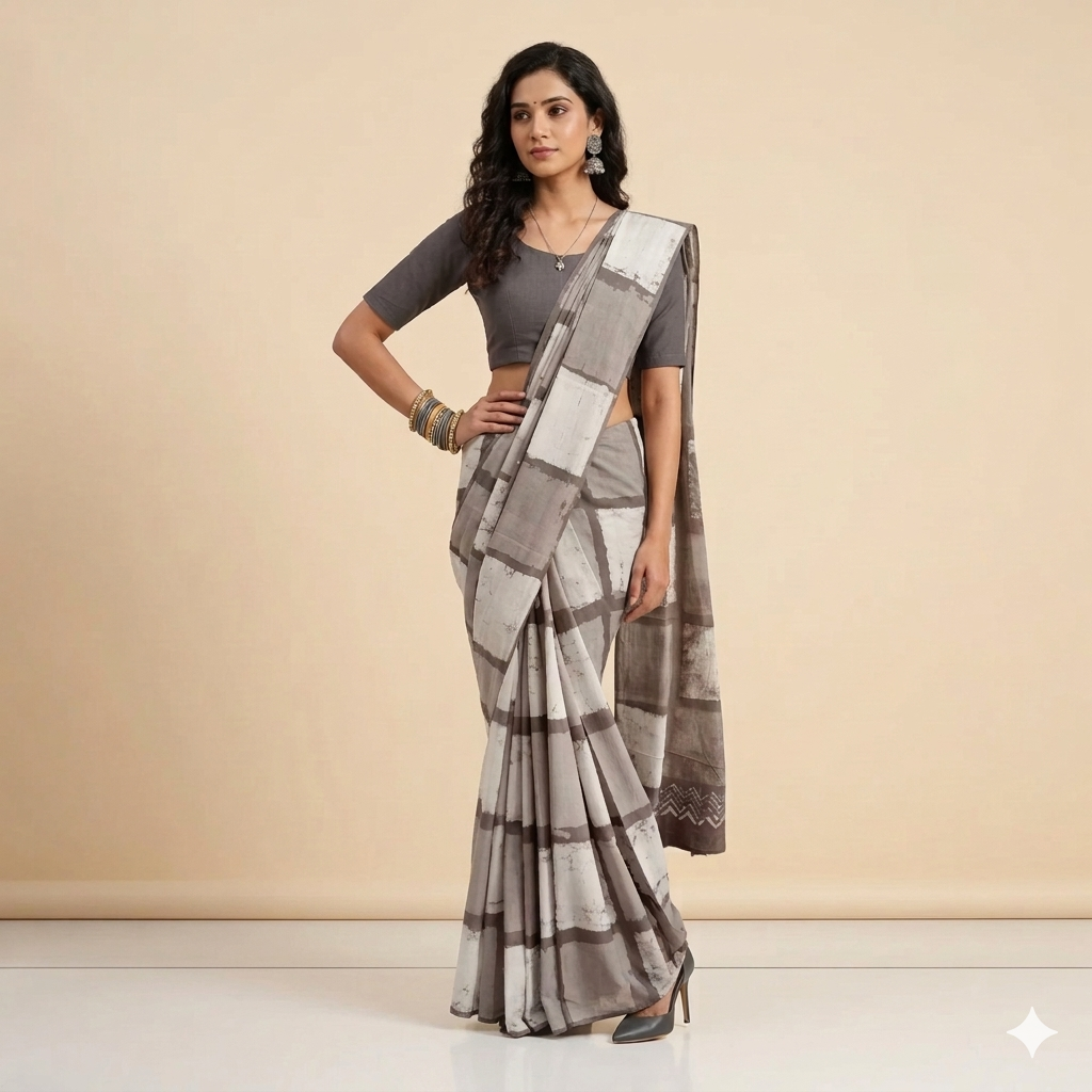 Grey White Check Handblock Cotton Saree