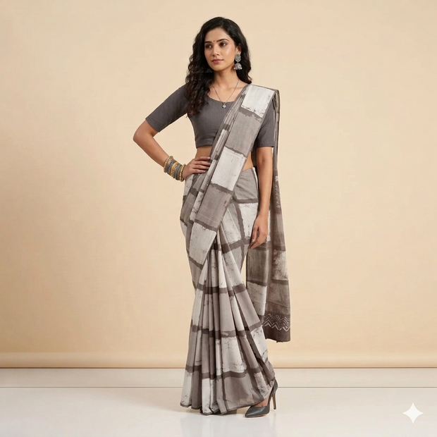 Grey White Check Handblock Cotton Saree