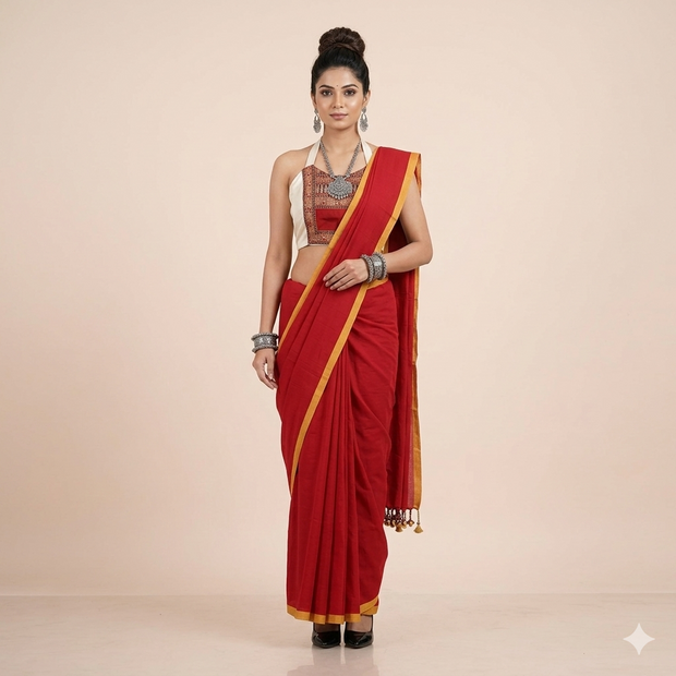 Red Plain Handwoven Cotton Saree