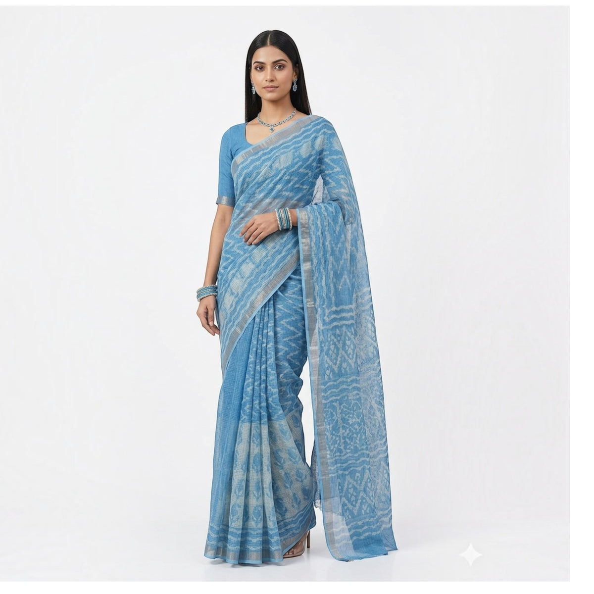 Blue Leaf Handblock Kota Cotton Saree
