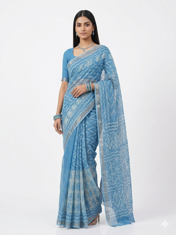 Blue Leaf Handblock Kota Cotton Saree