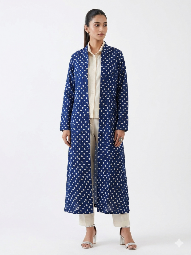 Blue Modal Silk Bandhej Long Blazer