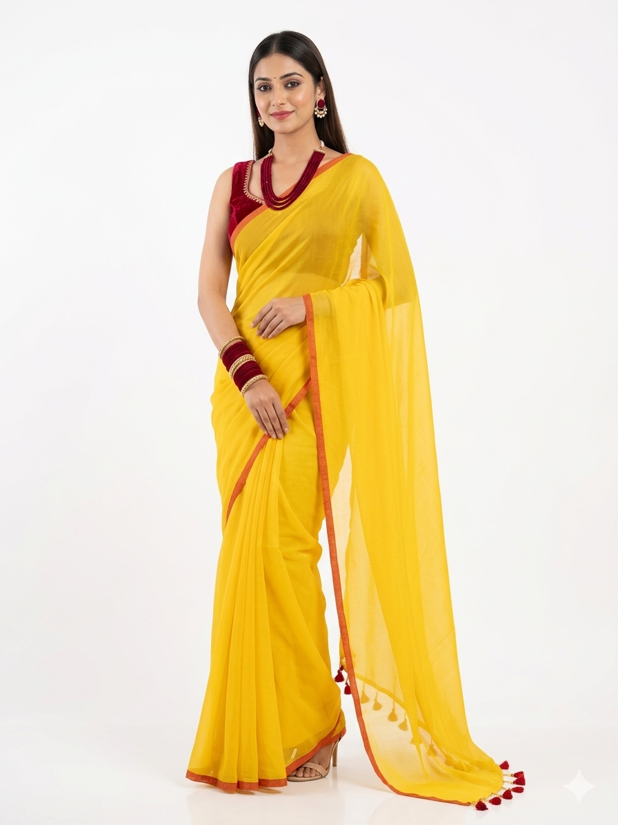 Yellow Plain Handwoven Cotton Saree