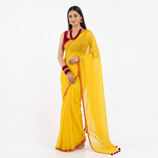 Yellow Plain Handwoven Cotton Saree