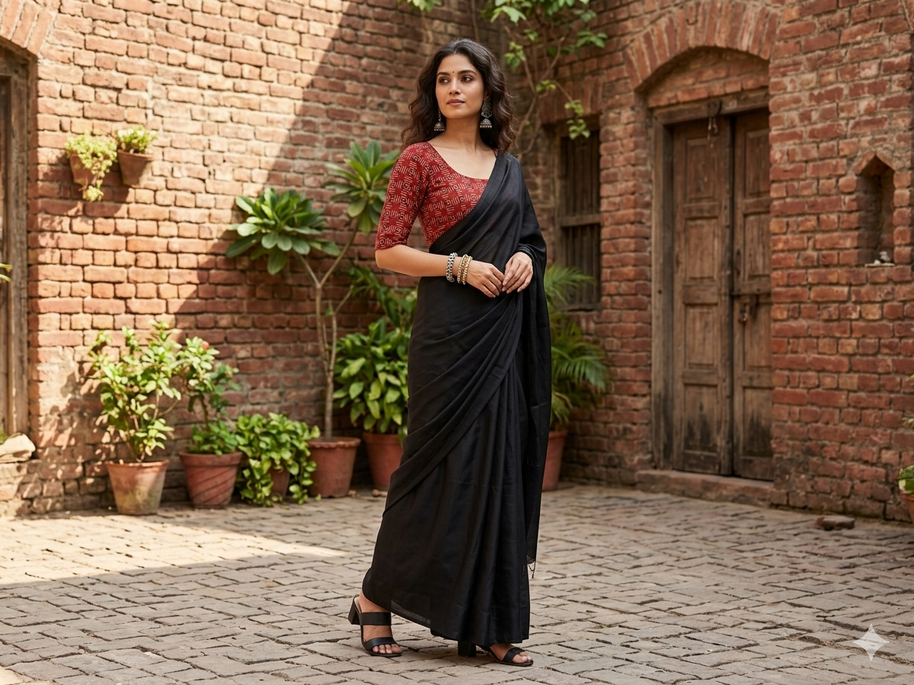 Maroon Black Handblock Cotton Blouse