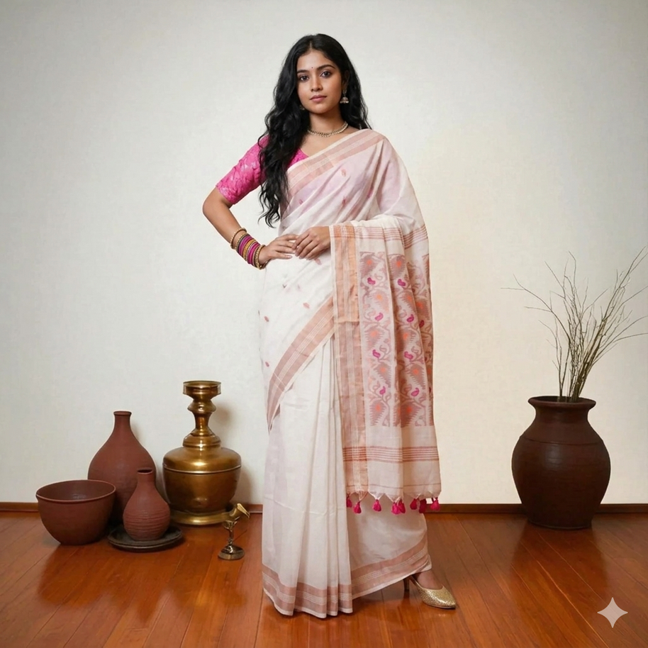 White Pink Zig Zag Cotton Saree