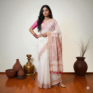White Pink Zig Zag Cotton Saree