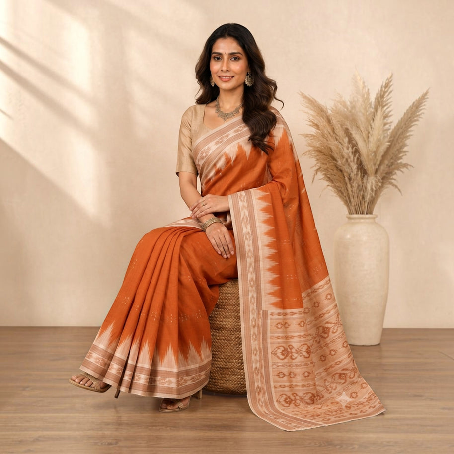 Rust Orange Handwoven Khandua Patta Silk Saree