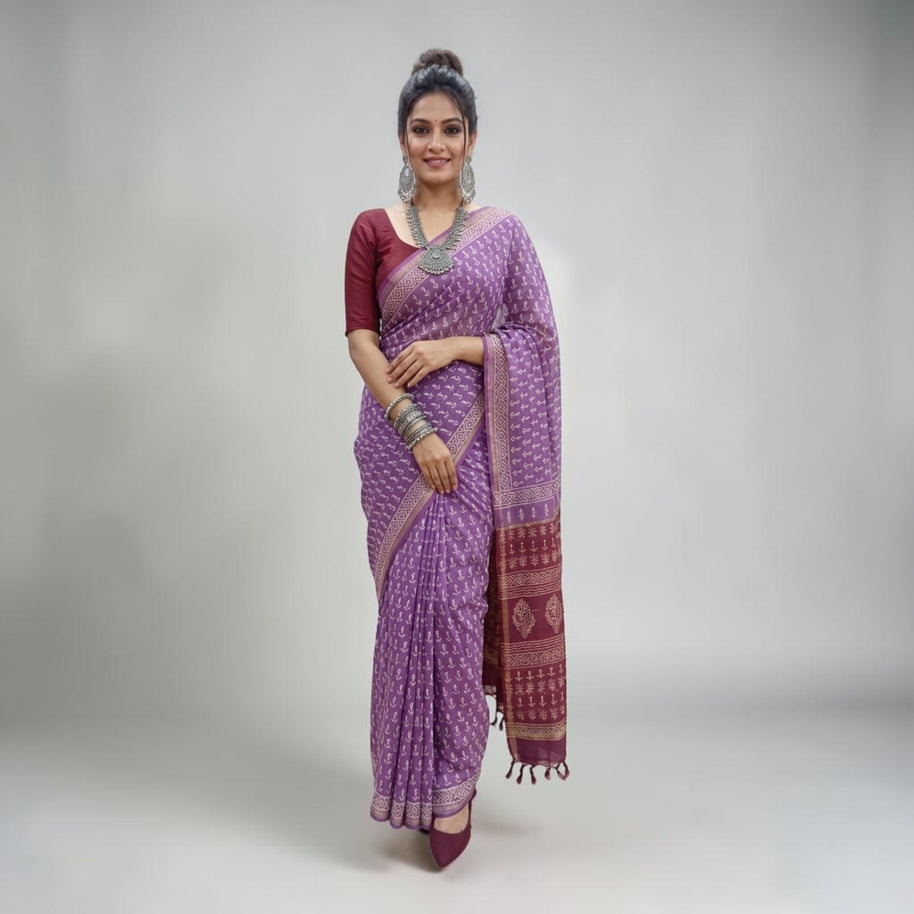 Purple Handblock Chanderi Saree