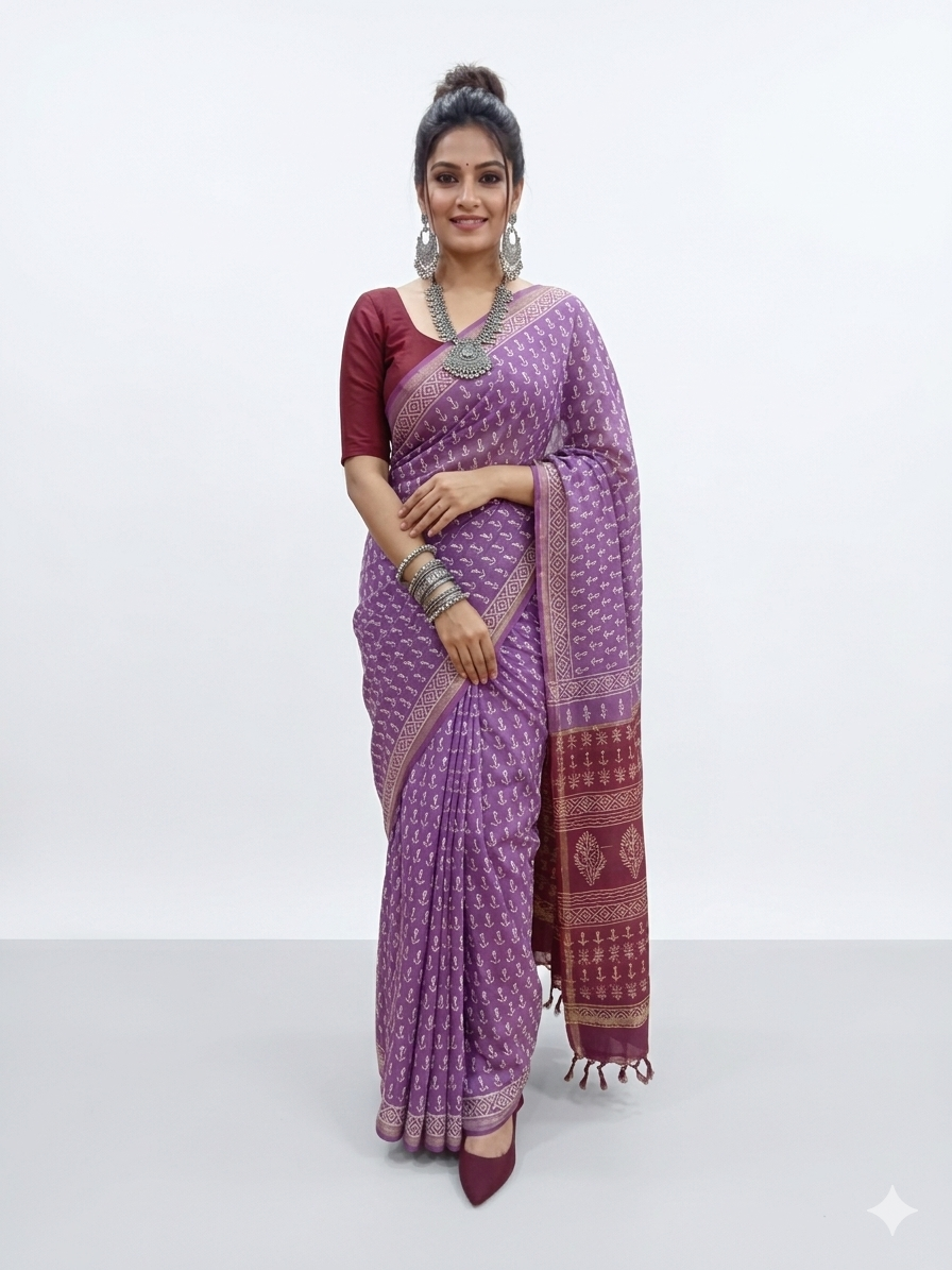 Purple Handblock Chanderi Saree