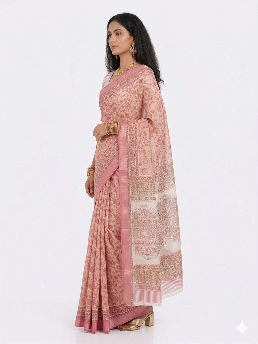 Light Peach Maheswari Silk Saree
