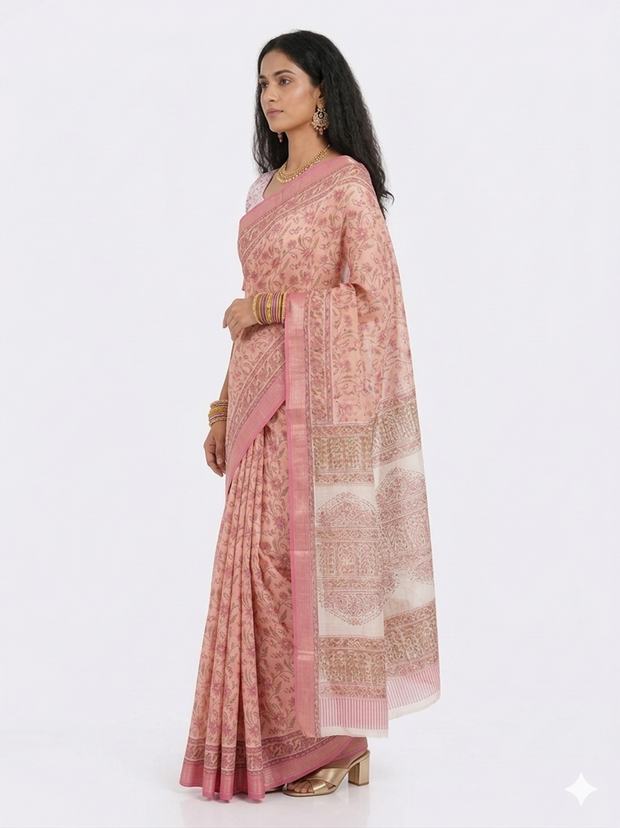 Light Peach Maheswari Silk Saree