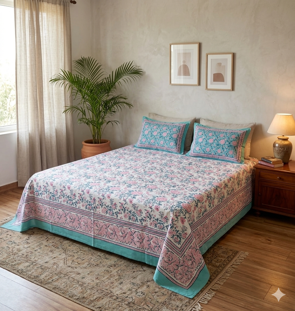 White Pink Handblock Print Double Bedsheet