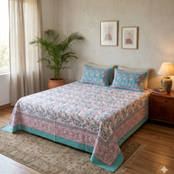 White Pink Handblock Print Double Bedsheet