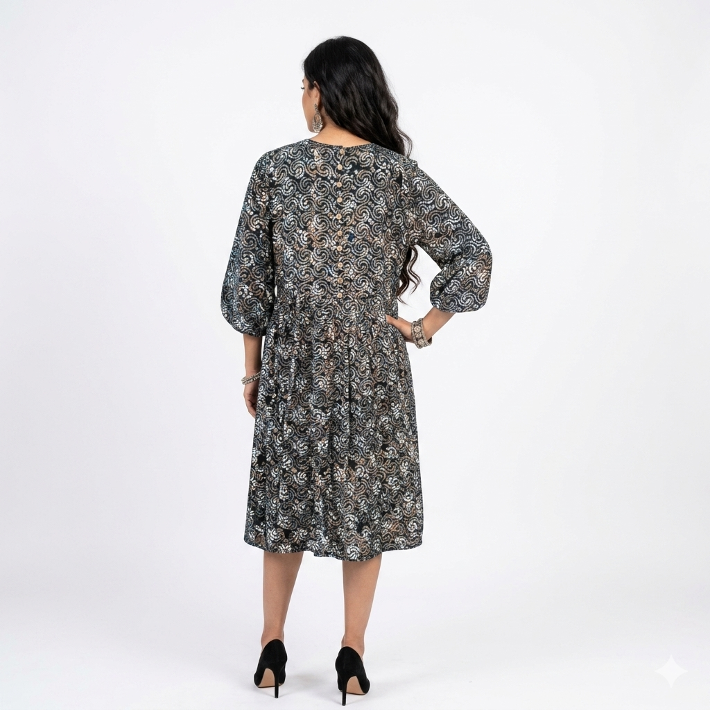 Blue Spiral Handblock Cotton Gathered Dress