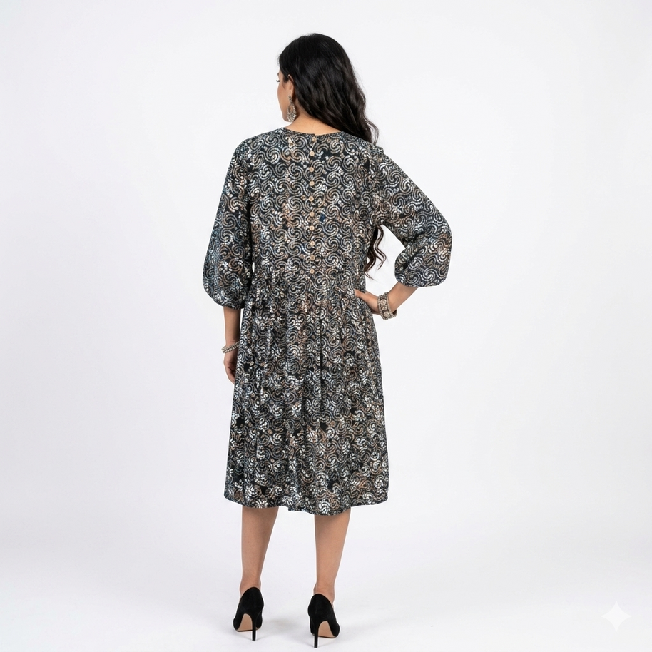 Blue Spiral Handblock Cotton Gathered Dress