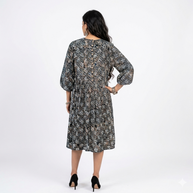Blue Spiral Handblock Cotton Gathered Dress