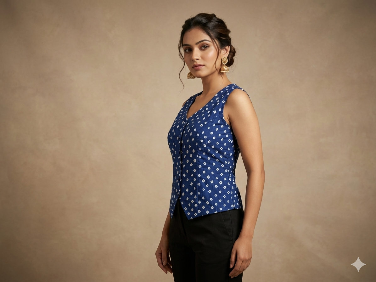 Blue Modal Silk Bandhej Waistcoat