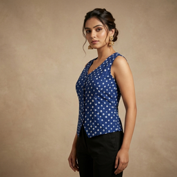 Blue Modal Silk Bandhej Waistcoat