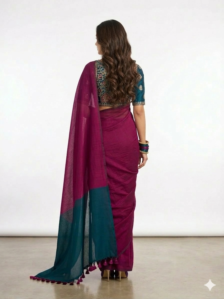 Purple Teal Handloom Cotton Saree