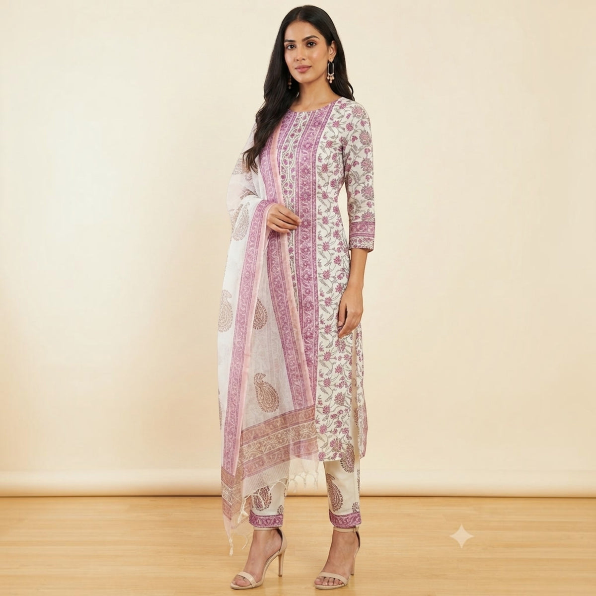 White Dark Pink Floral Cotton Salwar Suit