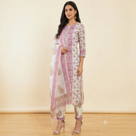 White Dark Pink Floral Cotton Salwar Suit