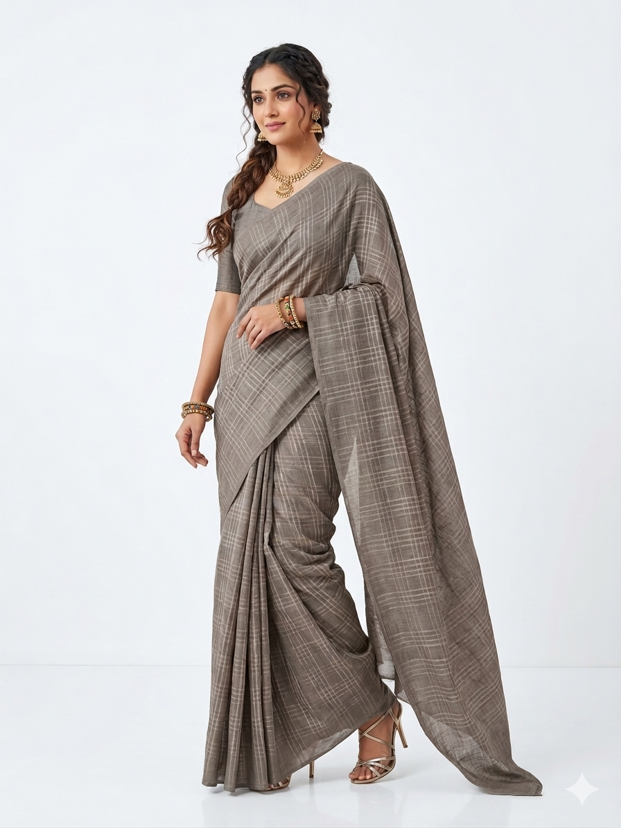 Brown Check Handblock Cotton Saree