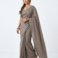 Brown Check Handblock Cotton Saree