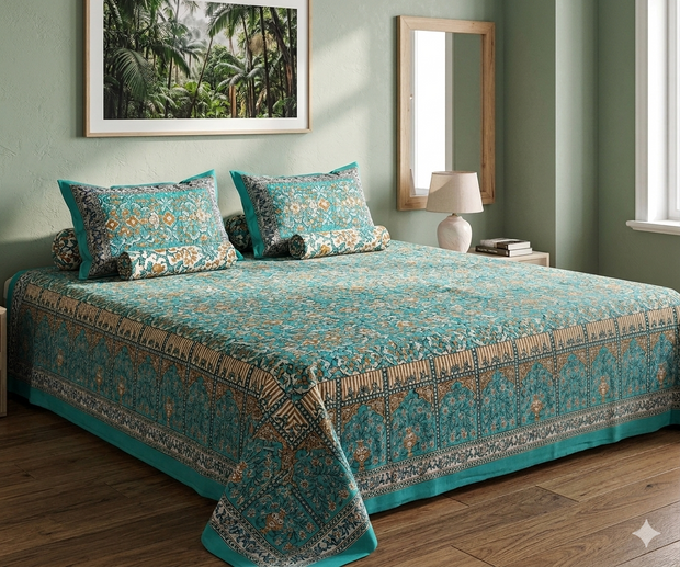 Blue Musturd Handblock Print Double Bedsheet
