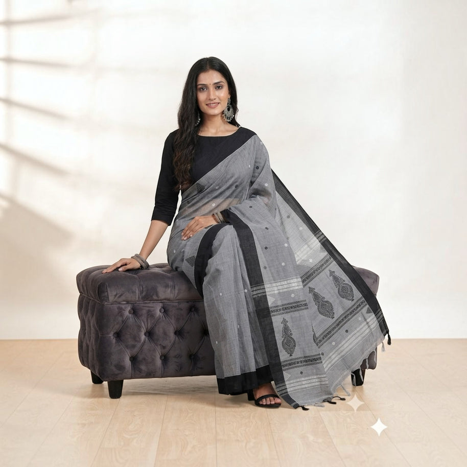 Grey Black Work Cotton Saree