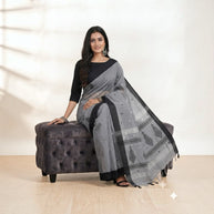 Grey Black Work Cotton Saree