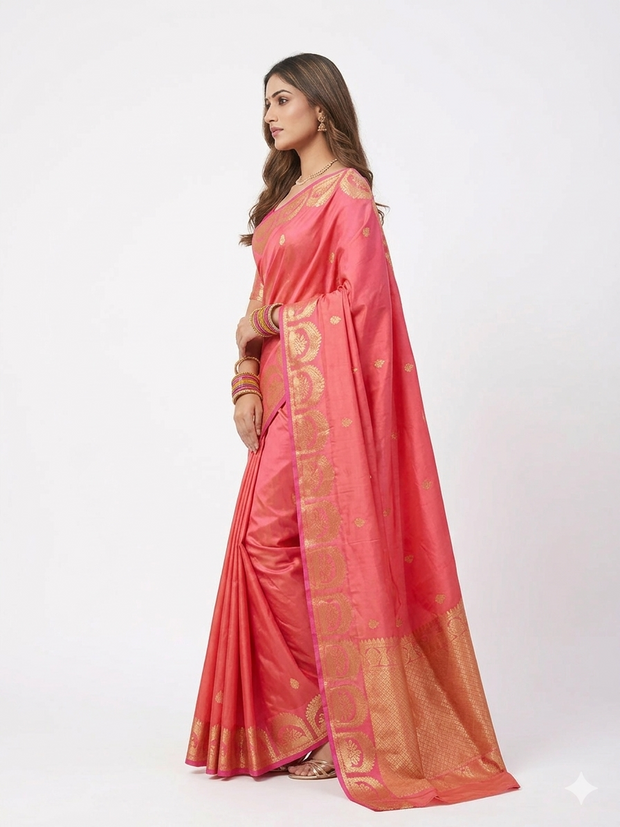 Peach Double Shade Zari Work Silk Saree