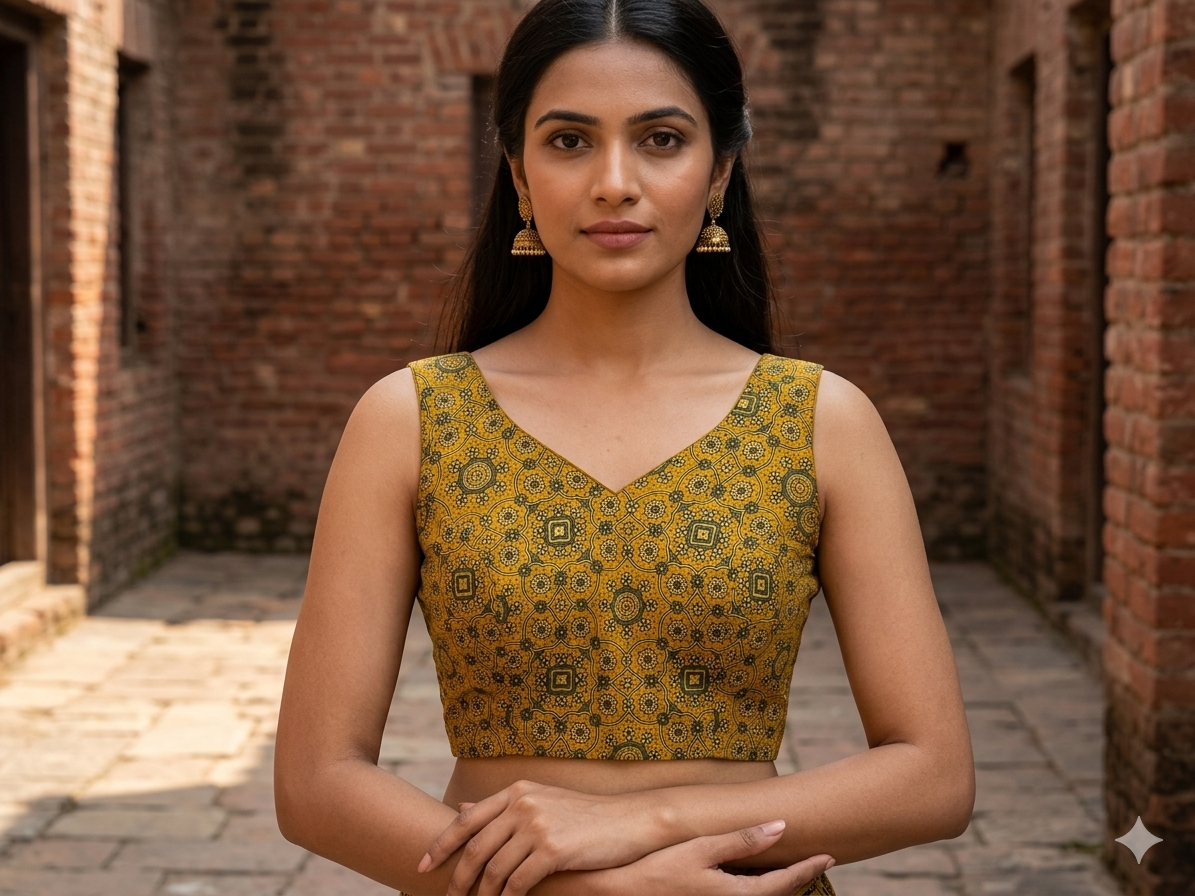 Yellow Ajrakh Mashru Silk Blouse