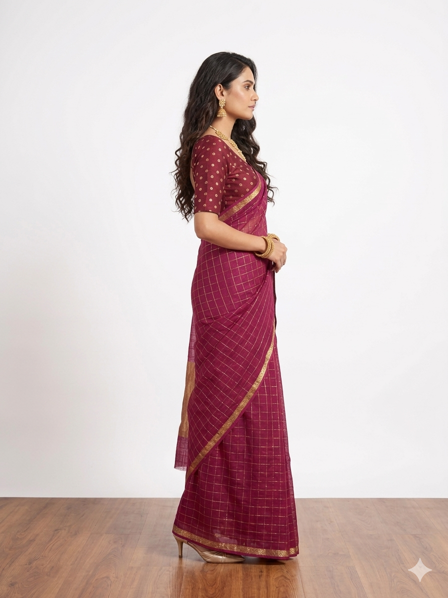 Purple Check Georgette Saree