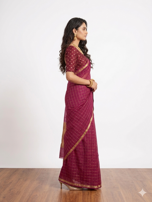 Purple Check Georgette Saree