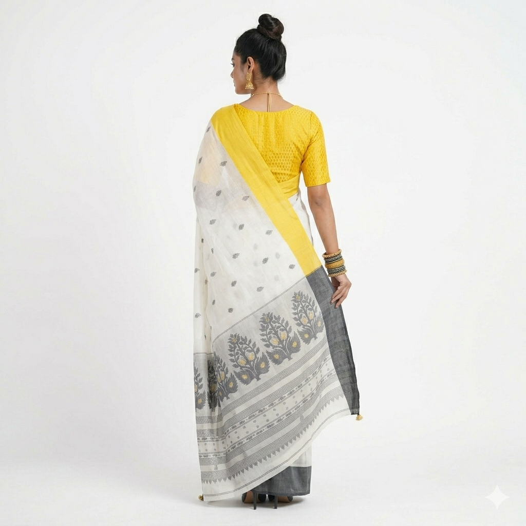 Offwhite Grey Floral Cotton Saree