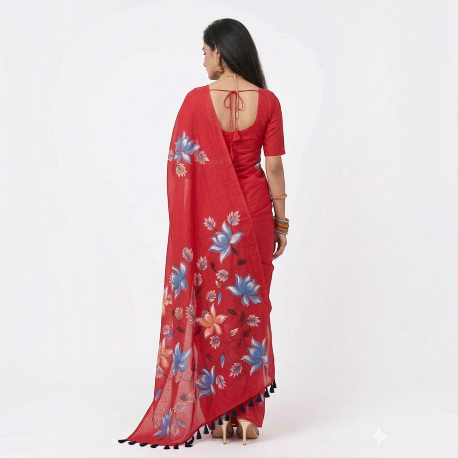 Red Handpainted Cotton Saree