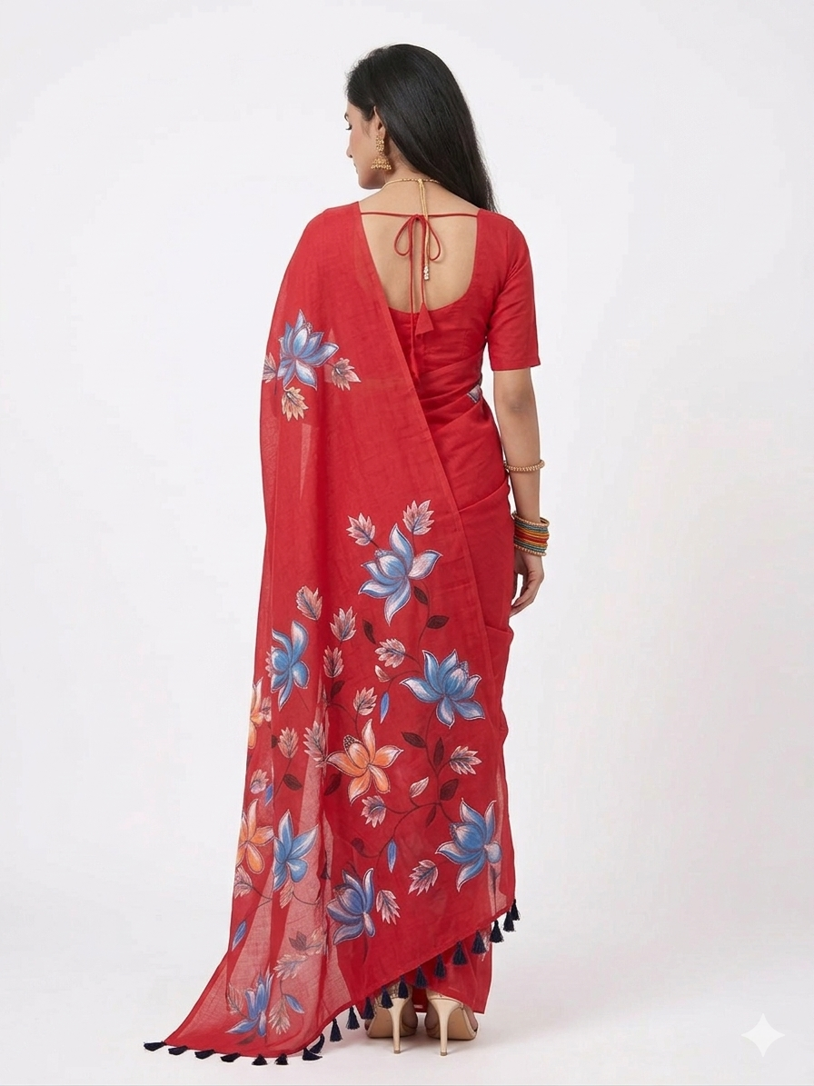 Red Handpainted Cotton Saree
